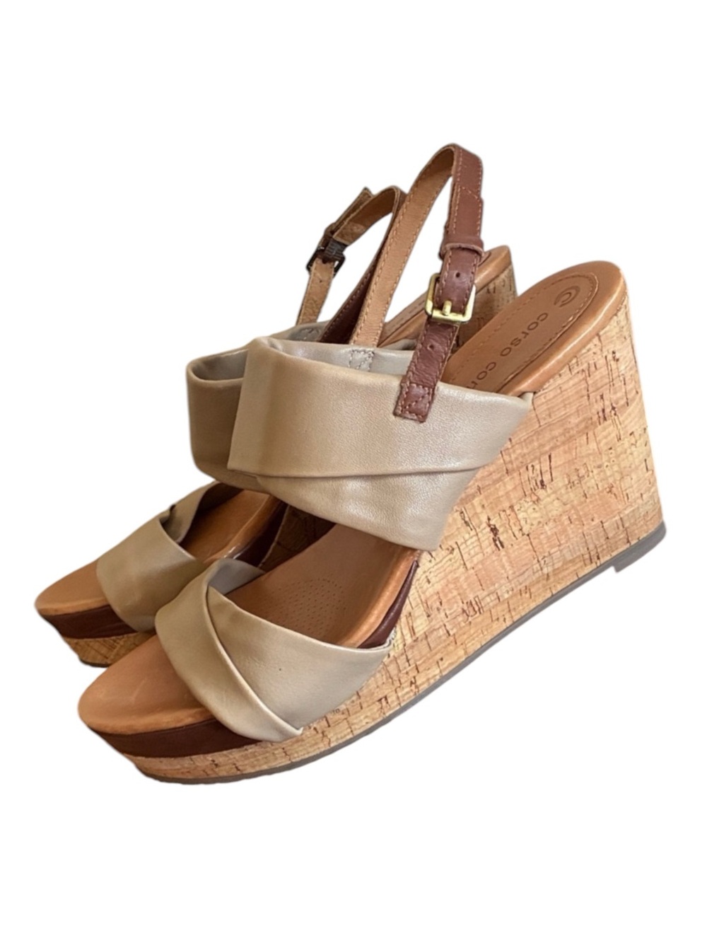 CORSO COMO Sandals, Women, 8.5M, Tan, EUC, slingback Wedge, leather & cork